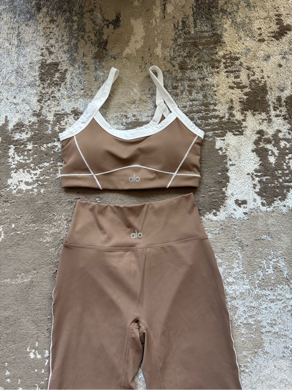 Alo Women’s High-Waist Brown Leggings & Bra Top with Cream Trim